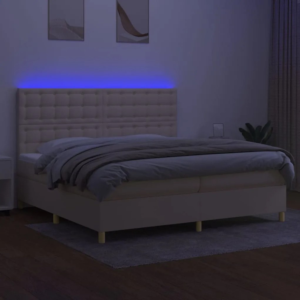 vidaXL Κρεβάτι Boxspring με Στρώμα & LED Κρεμ 200x200 εκ. Υφασμάτινο