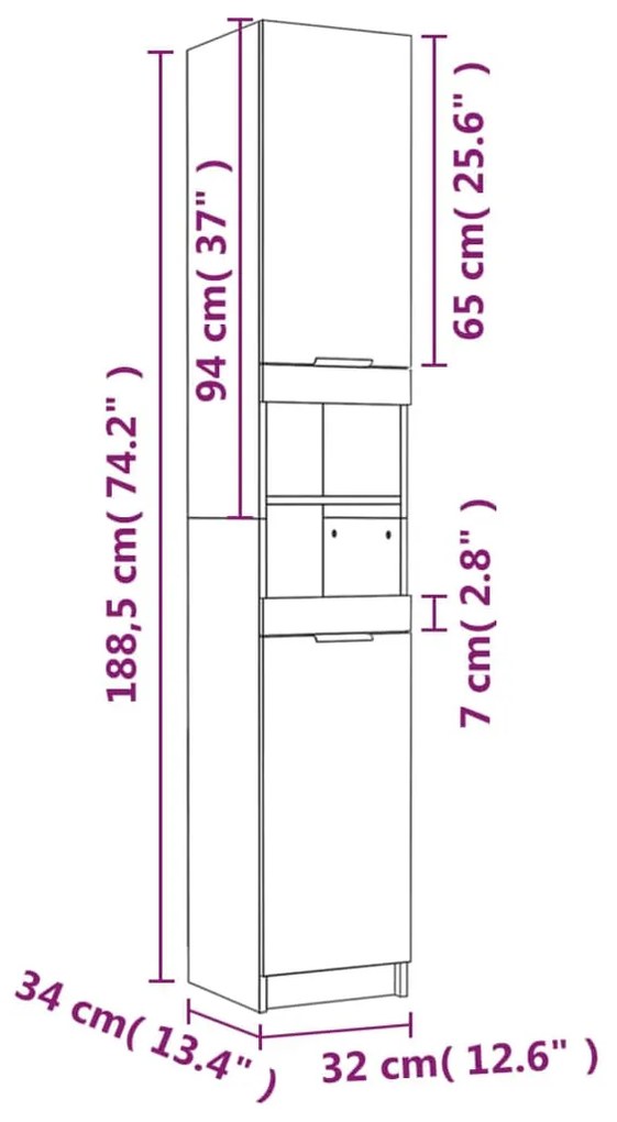 Ντουλάπι Μπάνιου Γκρι Σκυροδέματος 32x34x188,5 εκ. Επεξ. Ξύλο - Γκρι