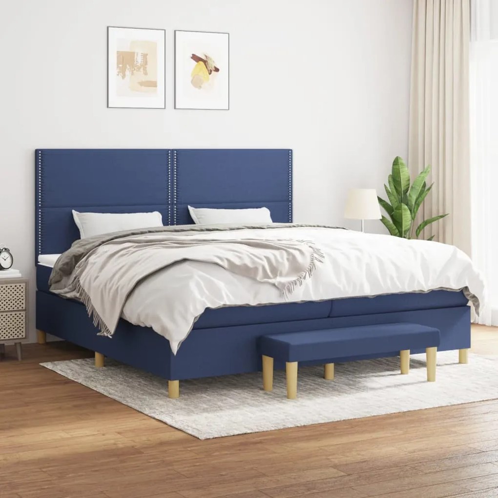 Κρεβάτι Boxspring με Στρώμα Μπλε 200x200 εκ. Υφασμάτινο