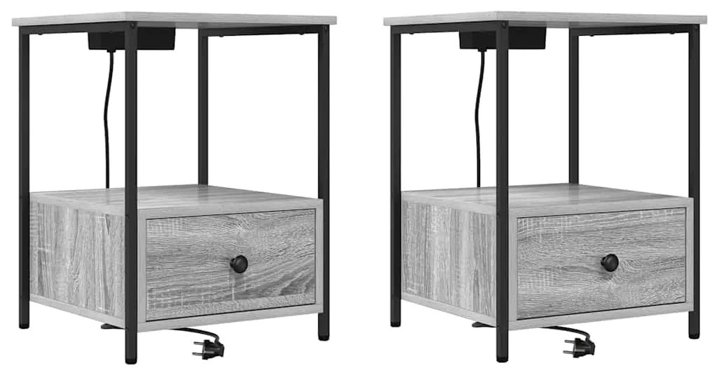 vidaXL Κομοδίνο με Σταθμό Φόρτισης με συρτάρι 2 pcs Γκρι sonoma