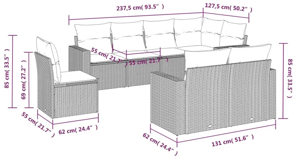 vidaXL Σαλόνι Κήπου Σετ 8 τεμ. Μπεζ Συνθετικό Ρατάν με Μαξιλάρια