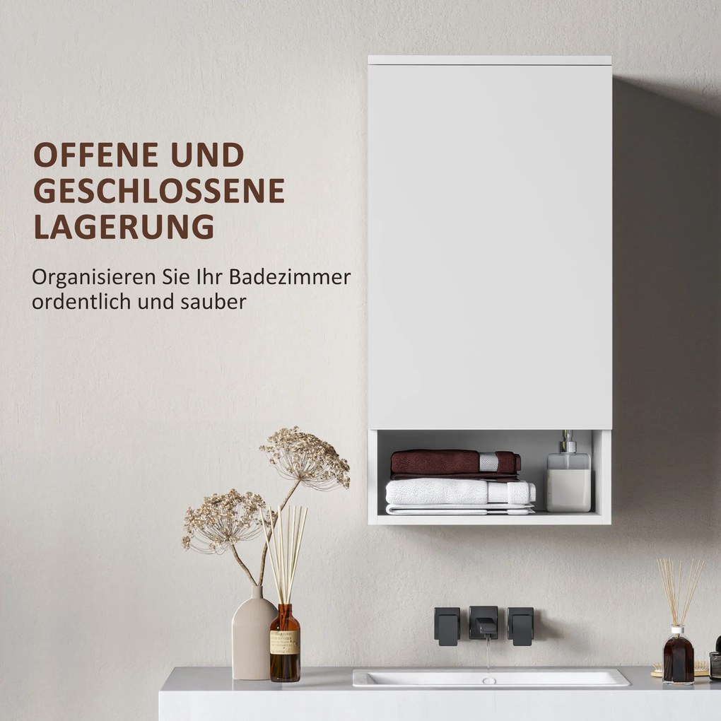 HOMCOM Επιτοίχιο Ντουλάπι Μπάνιου, Ντουλάπι Τοίχου για Μπάνιο με Ρυθμιζόμενα Ράφια, Ανοιχτό Ράφι, Ξύλο, Λευκό