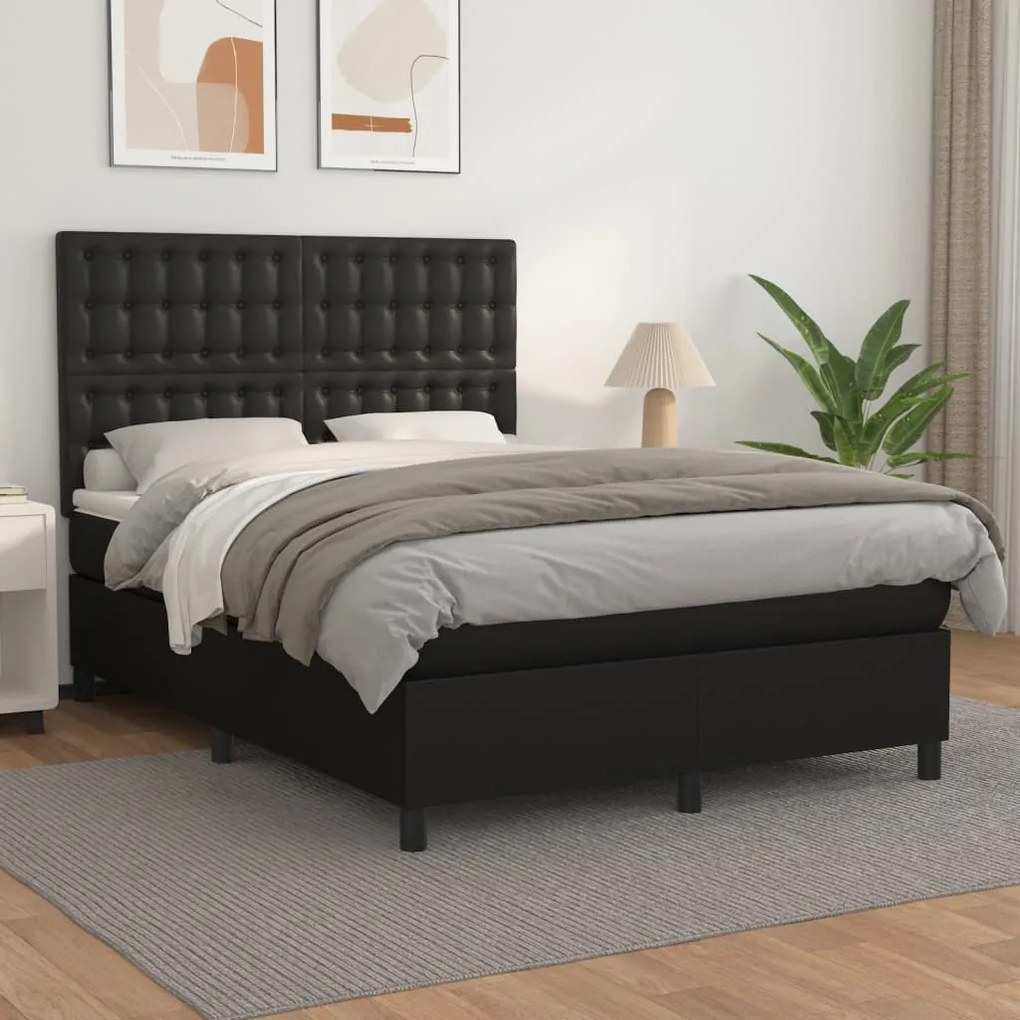 vidaXL Κρεβάτι Boxspring με Στρώμα Μαύρο 140x190εκ.από Συνθετικό Δέρμα