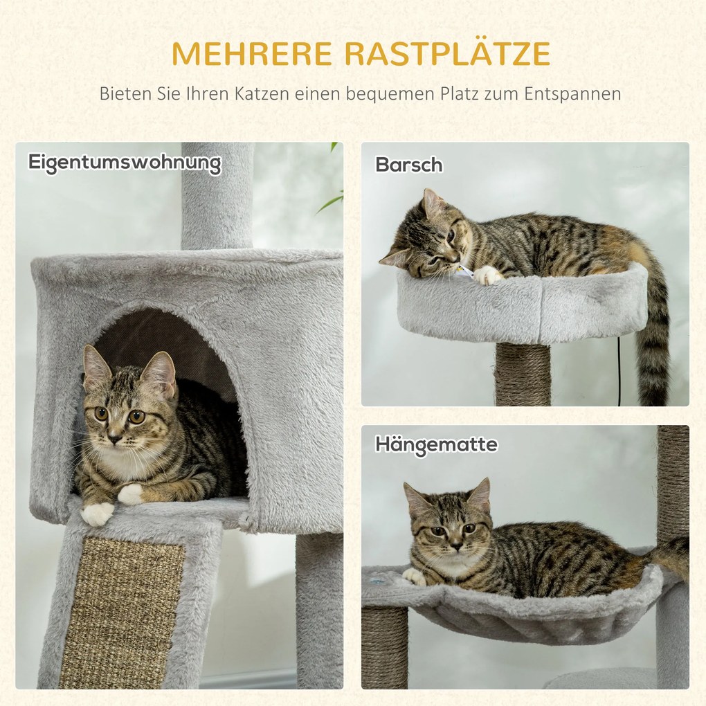 Δέντρο για γάτες με σπιτάκι, κρεβάτι, αιώρα και παιχνίδια, 60 x 40 x 113 εκ., Ανοιχτό γκρι