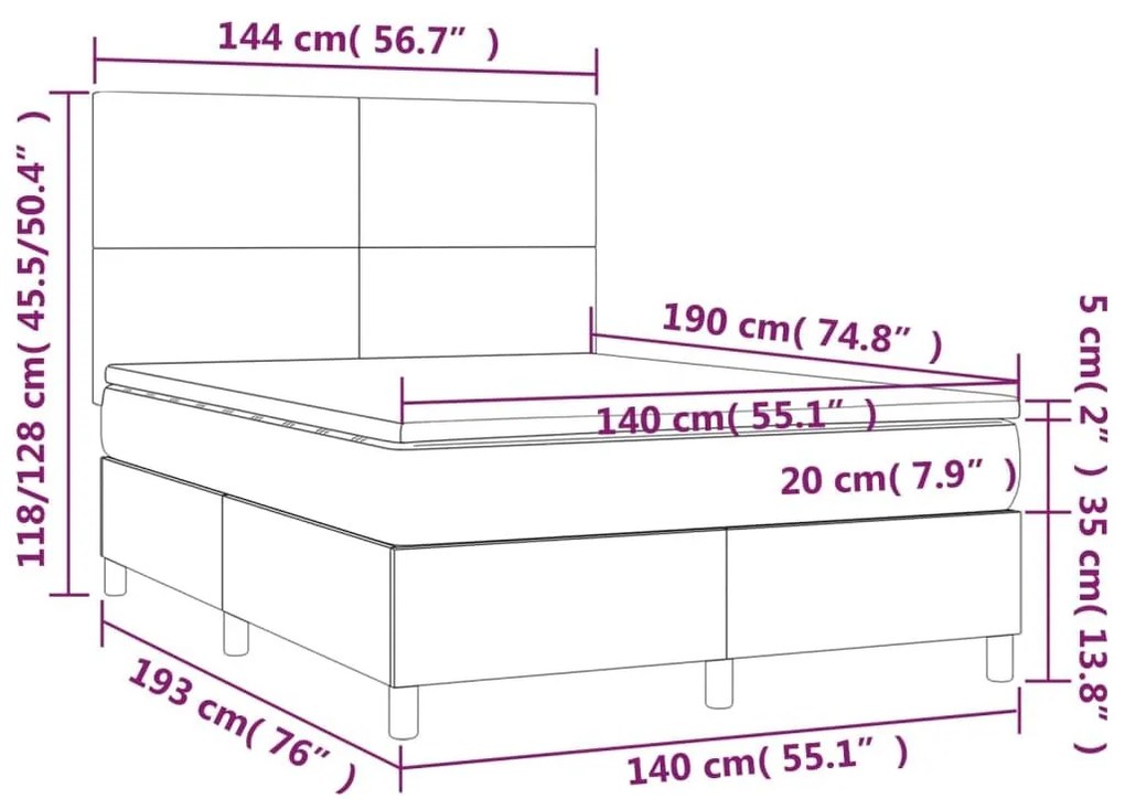 Κρεβάτι Boxspring με Στρώμα &amp; LED Μαύρο 140x190 εκ. Συνθ. Δέρμα - Μαύρο