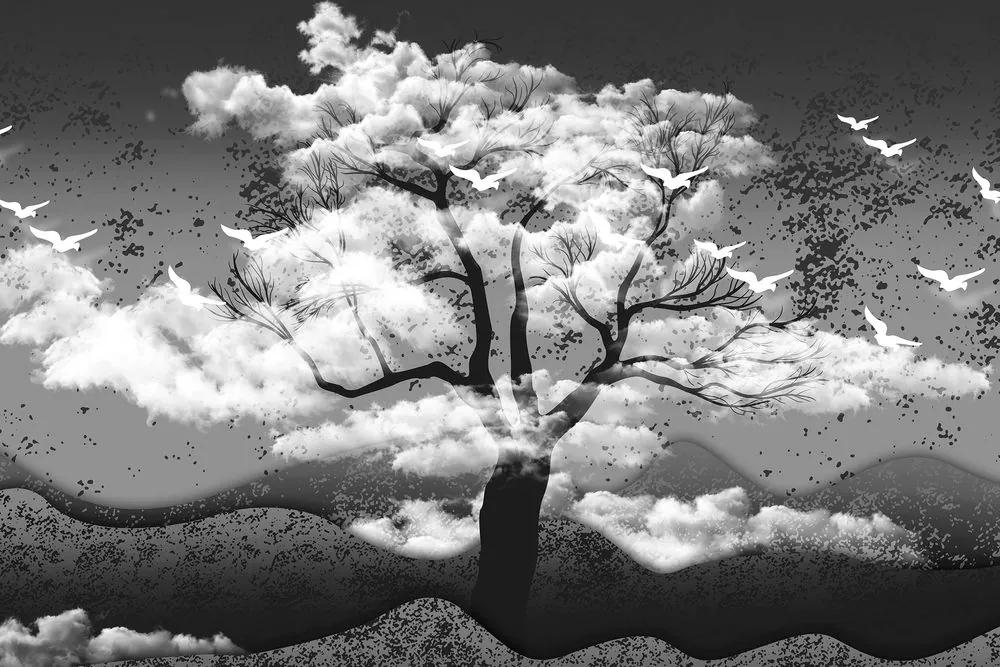 Εικόνα ασπρόμαυρο δέντρο πλημμυρισμένο από σύννεφα - 60x40