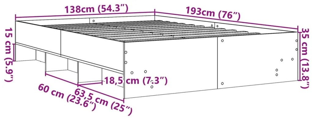 Πλαίσιο Κρεβατιού Γκρι Σκυροδέματος 135x190 εκ. Επεξεργ. Ξύλο - Γκρι