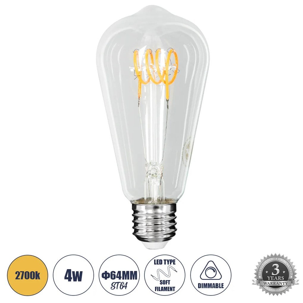 GloboStar 99140 Λάμπα LED Soft T Spiral Filament E27 ST64 Αχλάδι 4W 300lm 360° AC 220-240V IP20 Φ6.4 x Υ14cm Θερμό Λευκό 2700K με Διάφανο Γυαλί Dimmable - 3 Χρόνια Εγγύηση - 99140