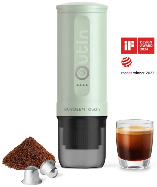 Φορητή μηχανή espresso BUYDEEM Outin Nano OTEM-01, 7500 mAh, 20 bar, 50 ml, 12/24V, φόρτιση USB και Type-C, έδαφος + κάψουλες, πράσινο