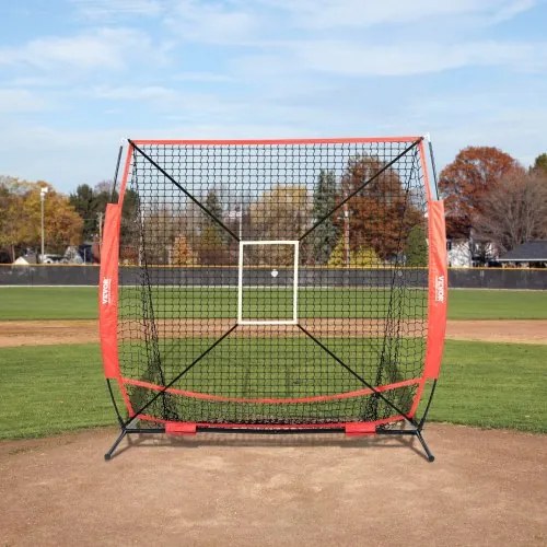 VEVOR 5x5 ft Baseball Softball Practice Net, Portable Baseball Training Net for Hitting Batting Catching Pitching, Backstop Baseball Equipment with Bow Frame, Carry Bag, Strike Zone, Ball, Batting Tee
