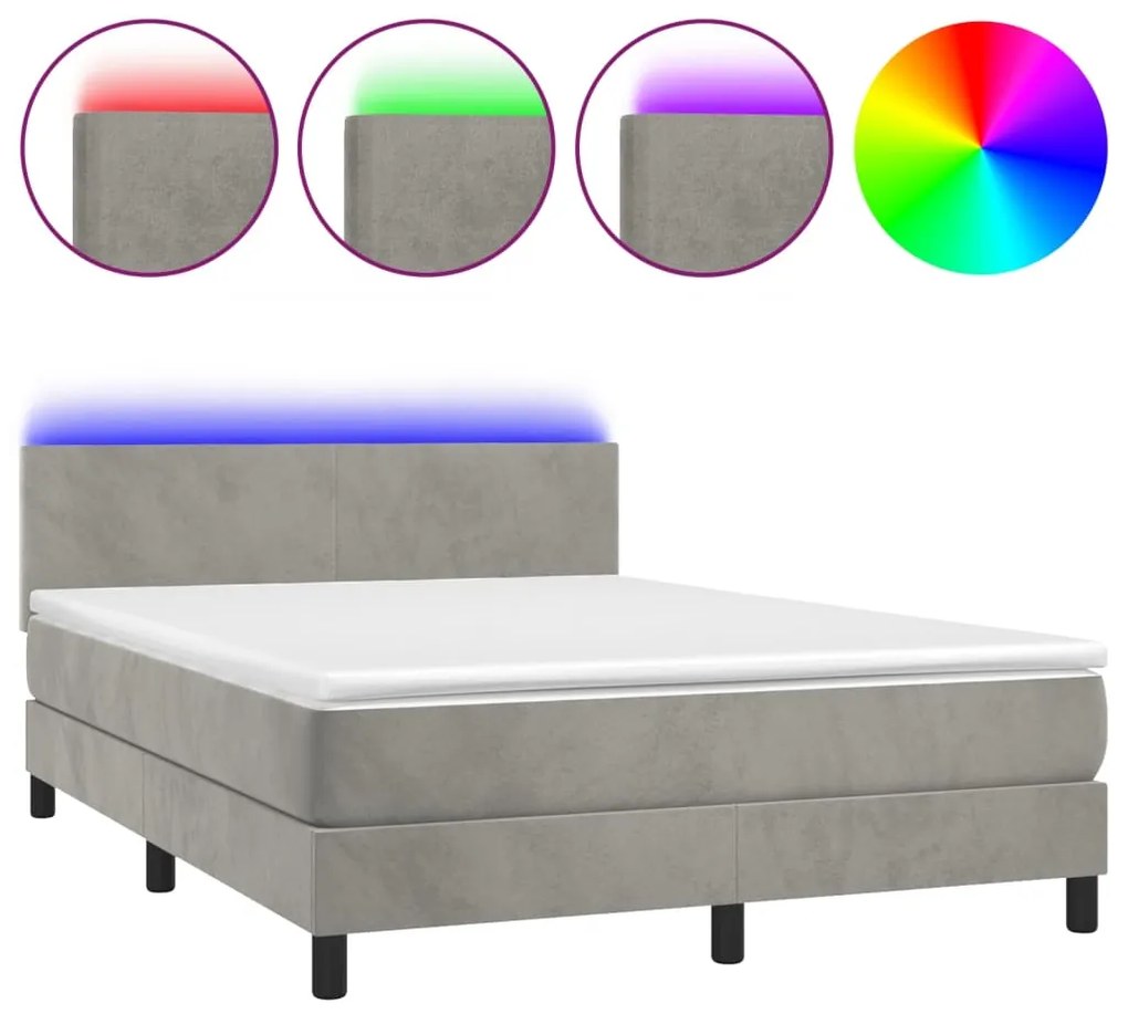 Κρεβάτι Boxspring με Στρώμα&amp;LED Αν. Γκρι 140x190 εκ. Βελούδινο - Γκρι