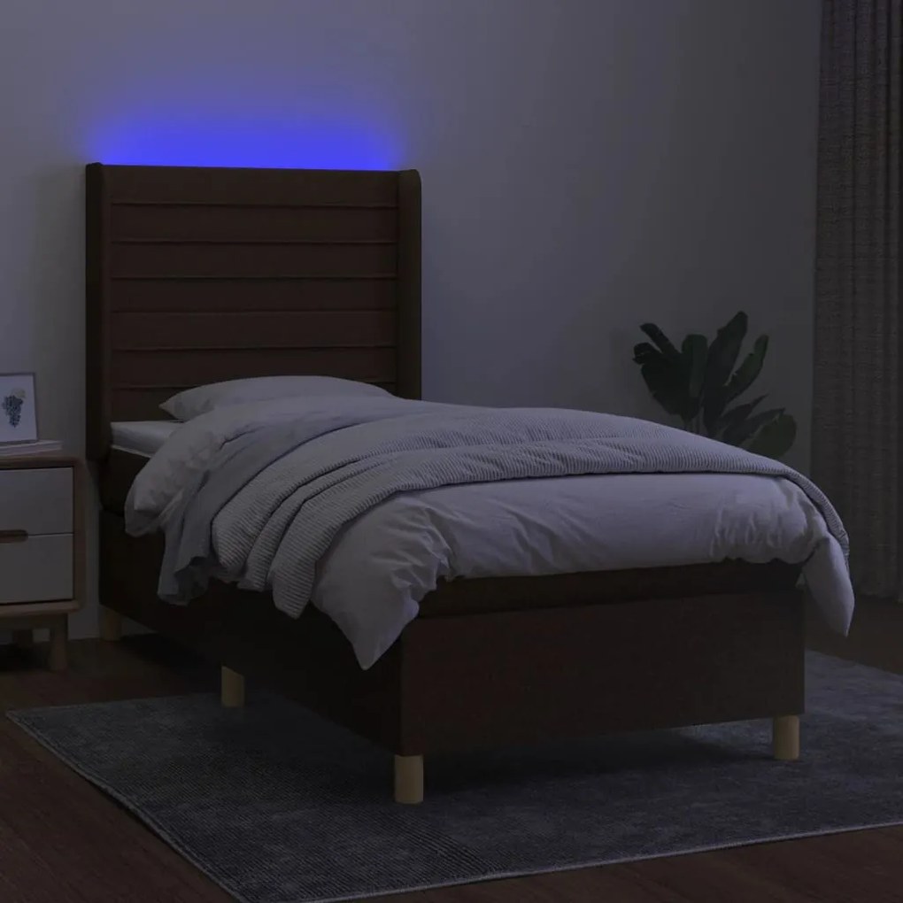 Κρεβάτι Boxspring με Στρώμα &amp; LED Σκ.Καφέ 80x200 εκ. Υφασμάτινο - Καφέ