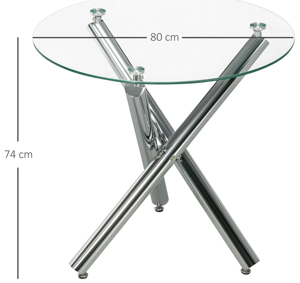 HOMCOM τραπέζι τραπεζαρίας, στρογγυλή επιφάνεια από σκληρό γυαλί, χωρίς πλαίσιο, για 2-4 άτομα, ατσάλινα πόδια, 80 x 80 x 74 cm
