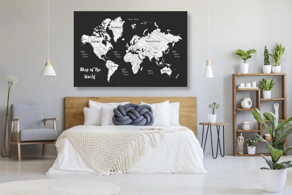 Εικόνα σε φελλό ενός ασπρόμαυρου μοναδικού παγκόσμιου χάρτη - 120x80  wooden