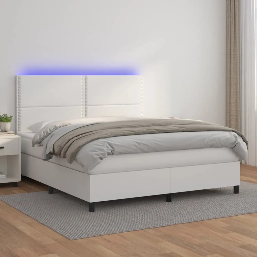 Κρεβάτι Boxspring με Στρώμα &amp; LED Λευκό 160x200 εκ. Συνθ. Δέρμα