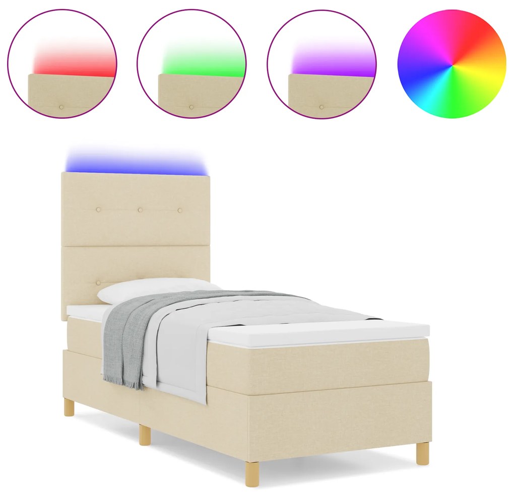 vidaXL Κρεβάτι Box Spring με Στρώμα & LED Κρεμ 90x200 εκ. Υφάσματος