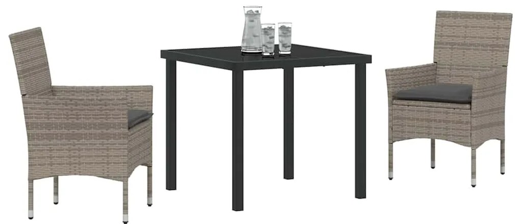vidaXL Σέτ φαγητού για κήπο με μαξιλάρι 3 pcs Γκρι Πολυ ράταν