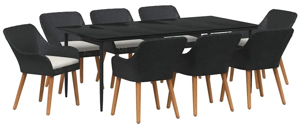 vidaXL Σέτ φαγητού για κήπο με μαξιλάρι 9 pcs Μαύρο συνθετικό ρατάν