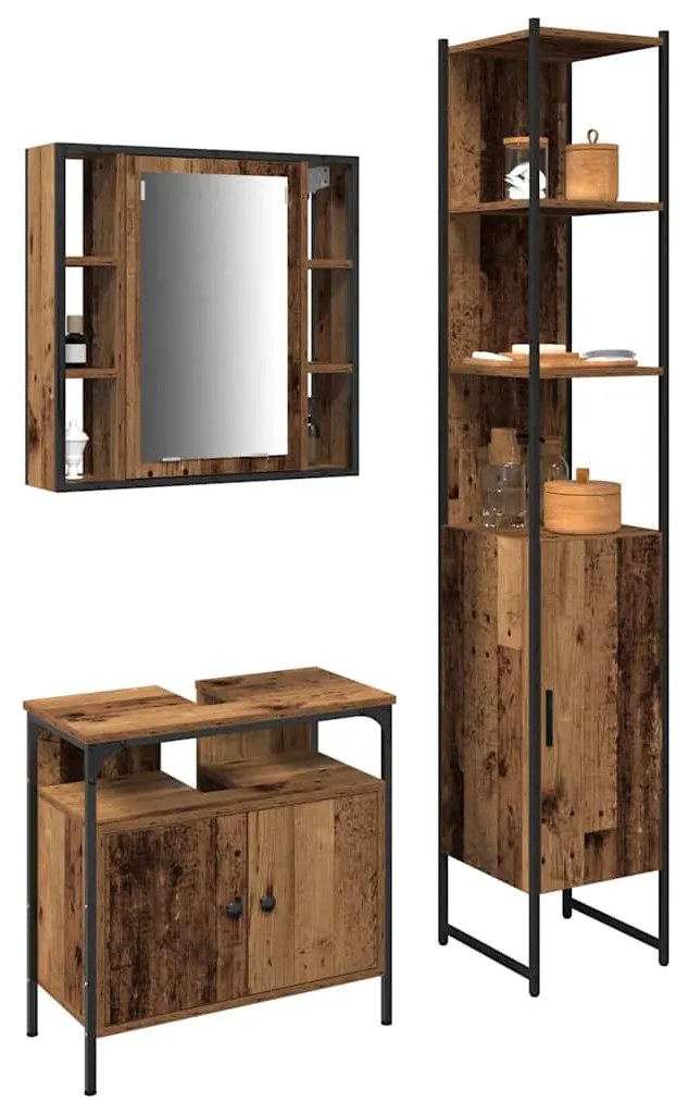 vidaXL Σετ Ντουλαπιών Μπάνιου 3 pcs Παλαιό ξύλο 33 x 33 x 185.5 εκ