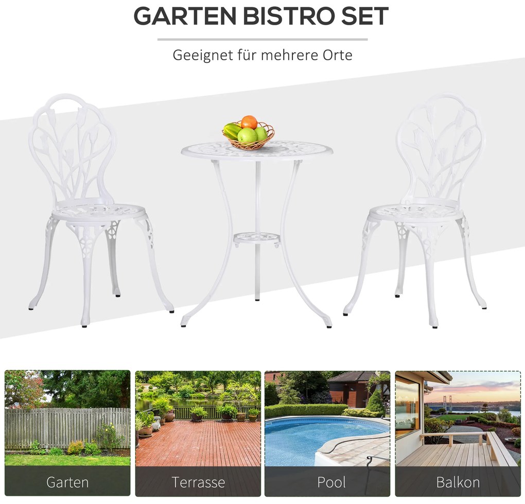 Outsunny Σετ επίπλων για 2 άτομα, σετ τραπεζαρίας κήπου, 1 τραπέζι + 2 καρέκλες με οπή ομπρέλας, αλουμίνιο, λευκό