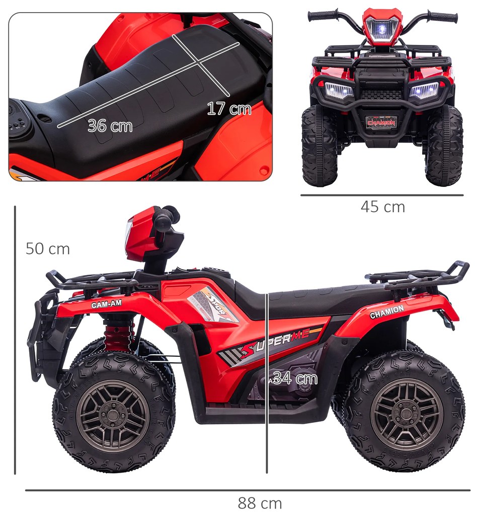 HOMCOM Ηλεκτρικό Τετράτροχο για Παιδιά, μέγιστο 4 km/h, από 3 ετών, προβολείς LED, σύνδεση μουσικής, μαύρο+κόκκινο 88 x 45 x 50 cm