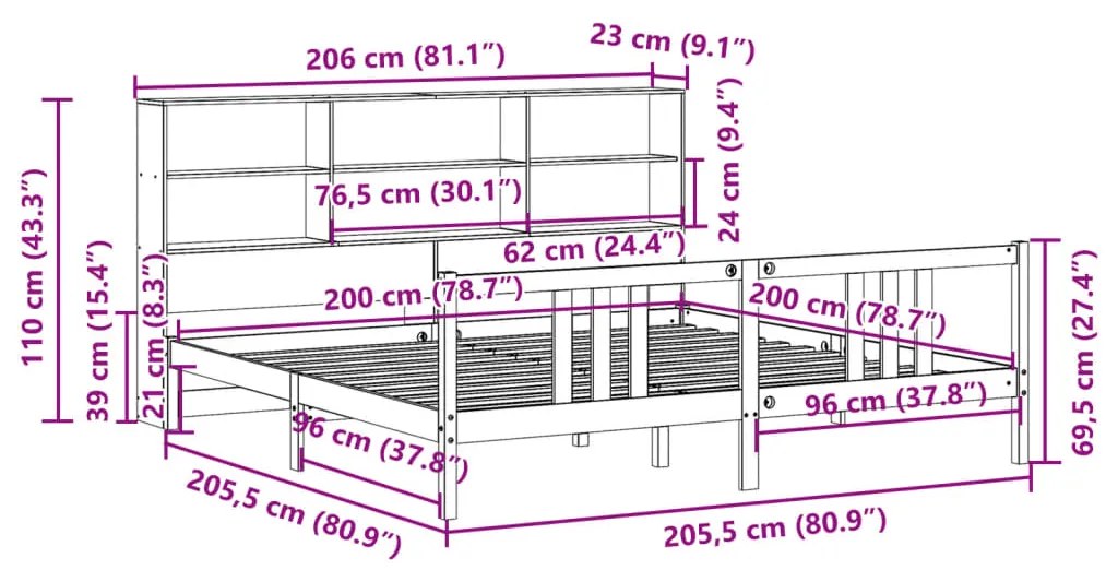 Κρεβάτι Βιβλιοθήκη Χωρίς Στρώμα 200x200 εκ Μασίφ Ξύλο Πεύκου - Λευκό