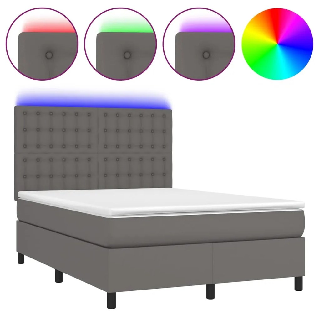 Κρεβάτι Boxspring με Στρώμα &amp; LED Γκρι 140x200 εκ. Συνθ. Δέρμα - Γκρι