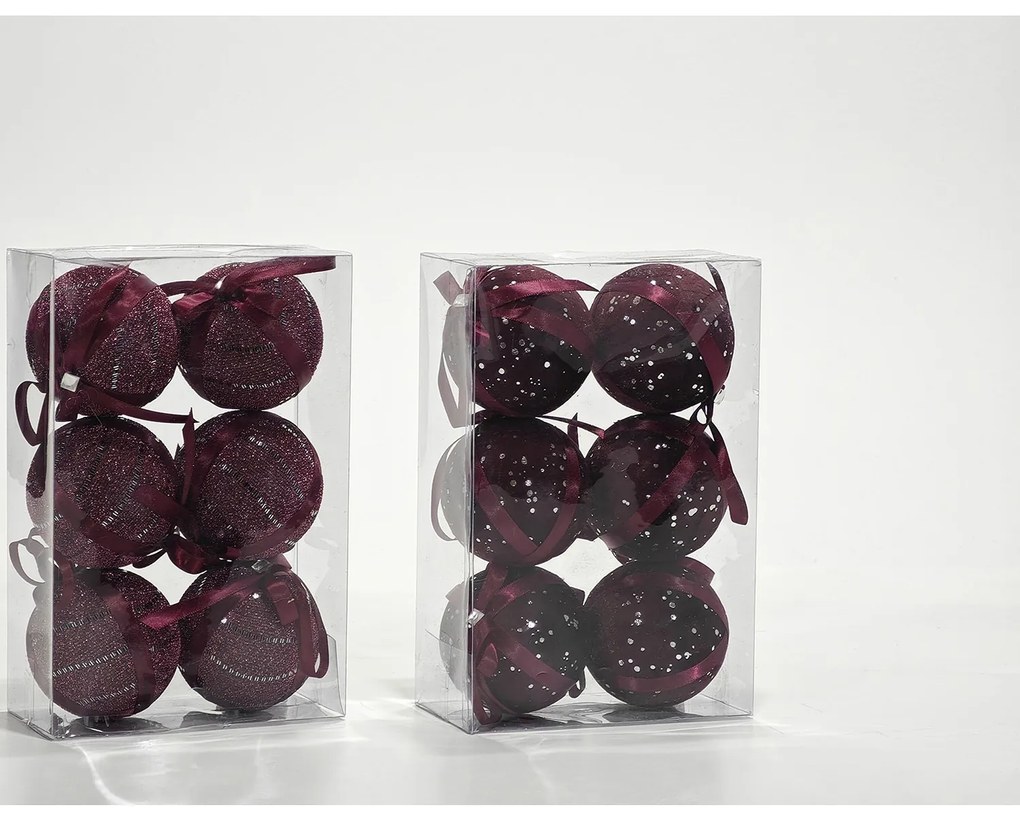 Χριστουγεννιάτικες Μπάλες Μπορντό 80mm Σετ 6Τμχ Σε 2 Σχέδια
