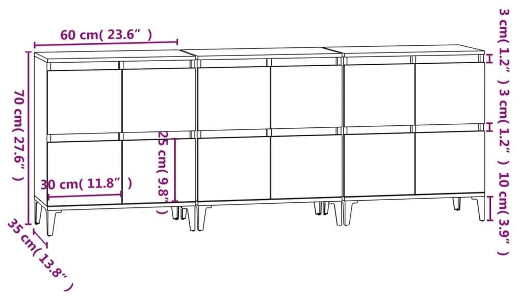 Ντουλάπια 3 τεμ. Γκρι Σκυροδέματος 60x35x70 εκ. Επεξεργ. Ξύλο - Γκρι