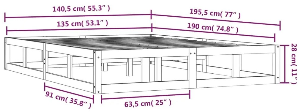 Πλαίσιο Κρεβατιού 135 x 190 εκ. από Μασίφ Ξύλο Double - Καφέ