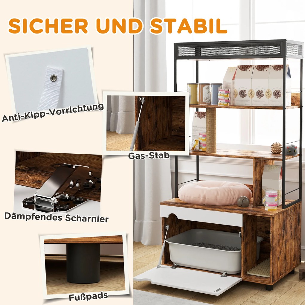 PawHut Γάτα τουαλέτα με ράφι 3 επιπέδων και στύλο ξυσίματος, κλειστή γάτα τουαλέτα, 80 x 48 x 152 cm, Καφέ