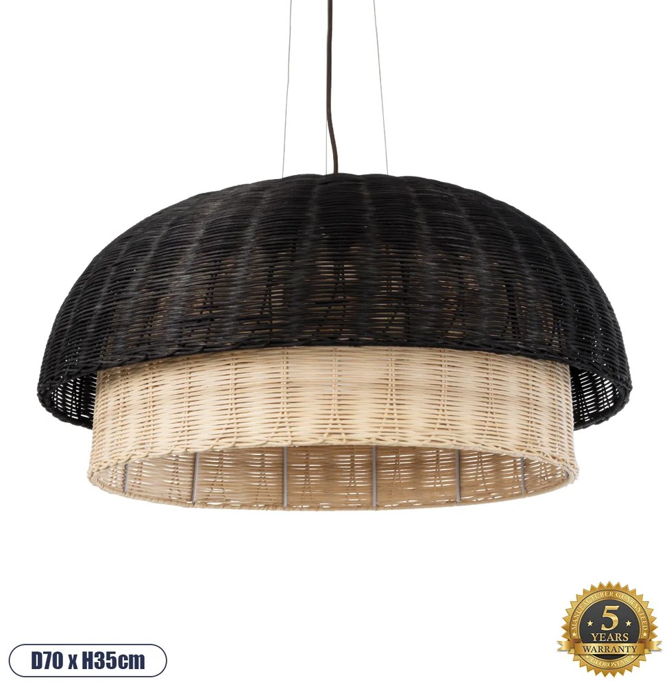 GloboStar® CORSICA 02216 Boho Κρεμαστό Φωτιστικό Οροφής Μονόφωτο 1 x E27 AC220-240V IP20 - Φ70 x Υ35cm - Μαύρο Μπεζ Ξύλινο Μπαμπού Πλέγμα Καμπάνα