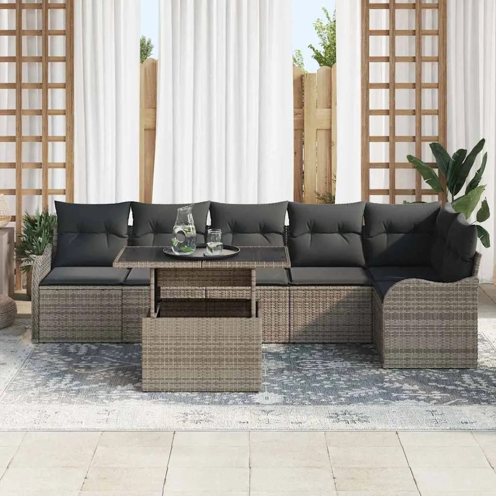 vidaXL Σετ Καναπέ Κήπου με μαξιλάρι 7 pcs Γκρι Πολυ ράταν