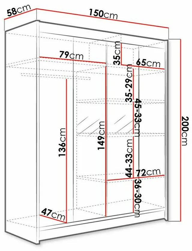 Ντουλάπα Atlanta 141, Σκούρα δρυς, 200x150x58cm, 123 kg, Πόρτες ντουλάπας: Ολίσθηση, Αριθμός ραφιών: 5, Αριθμός ραφιών: 5 | Epipla1.gr