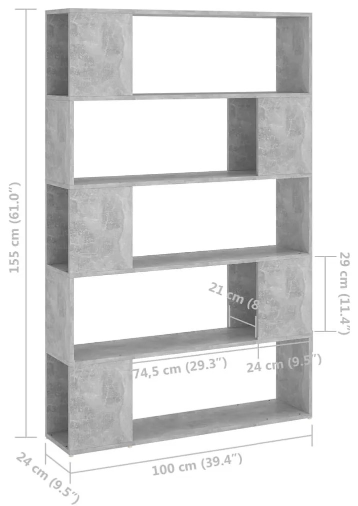 Βιβλιοθήκη/Διαχωρ. Χώρου Γκρι Σκυροδ. 100x24x155 εκ Επεξ. Ξύλο - Γκρι