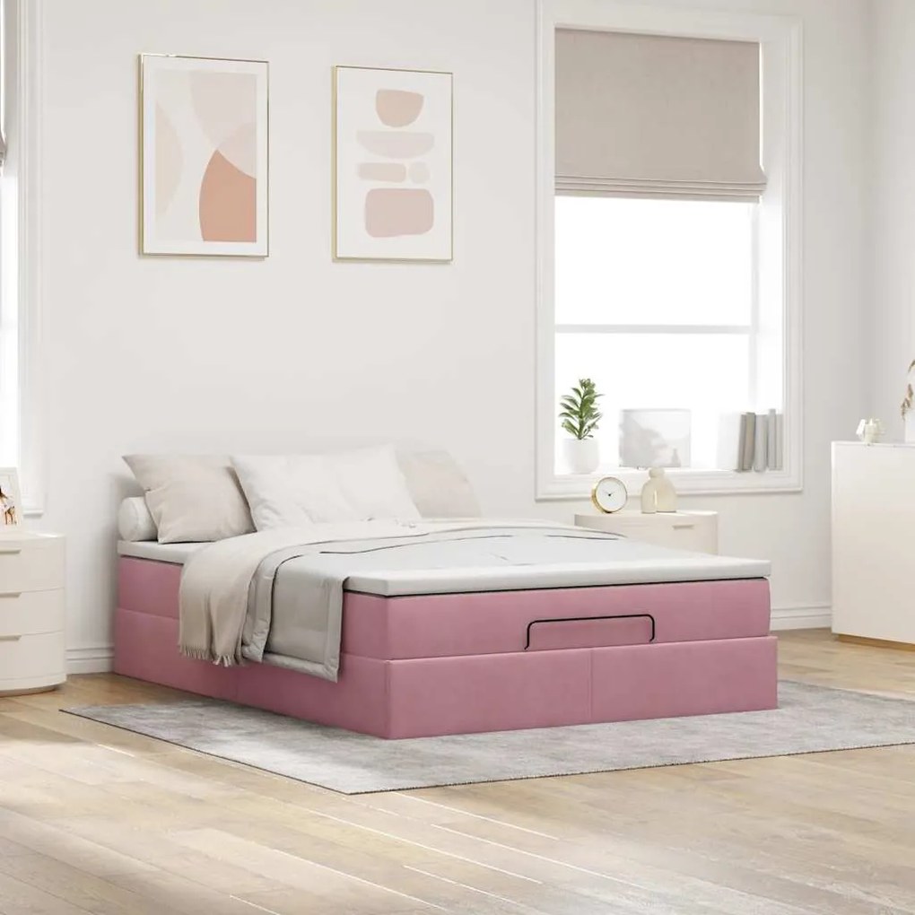 vidaXL Οθωμανικό κρεβάτι με στρώμα ροζ 140x200cm Βελούδο