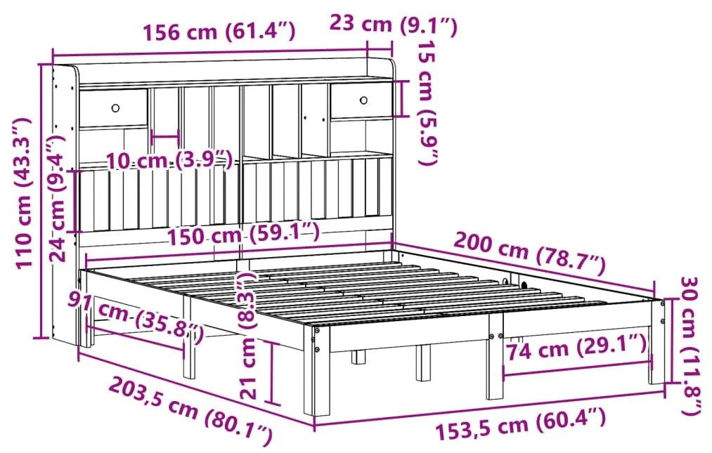 Κρεβάτι Βιβλιοθήκη Χωρίς Στρώμα 150x200 εκ Μασίφ Ξύλο Πεύκου - Καφέ