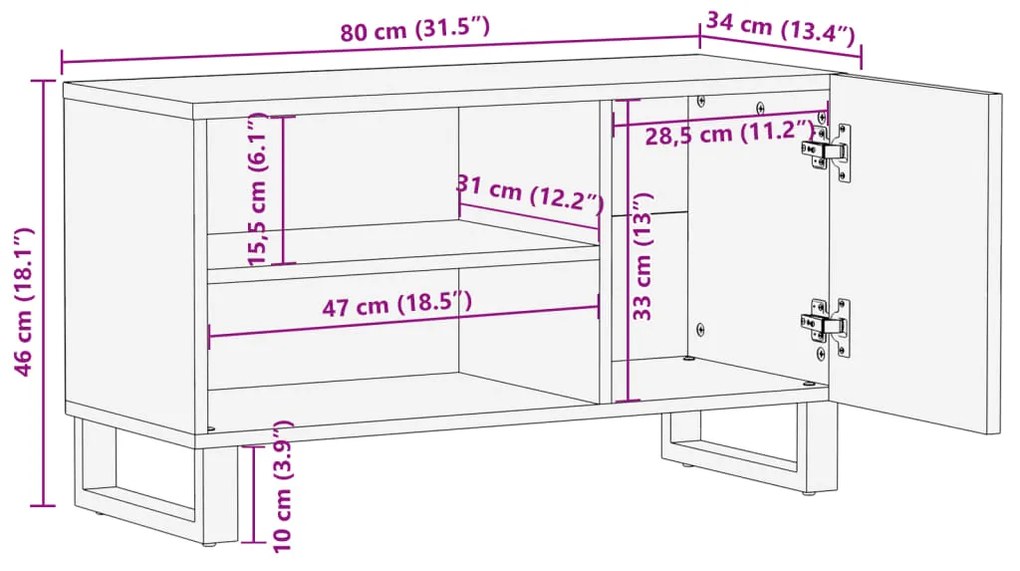 Έπιπλο Τηλεόρασης 80x34x46 εκ. από Μασίφ Ξύλο Μάνγκο - Καφέ