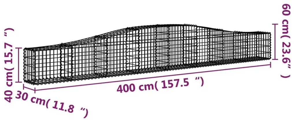 Συρματοκιβώτια Τοξωτά 4 τεμ. 400x30x40/60 εκ. Γαλβαν. Ατσάλι - Ασήμι