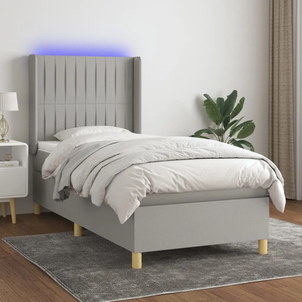 Κρεβάτι Boxspring με Στρώμα &amp; LED Αν.Γκρι 90x190 εκ. Υφασμάτινο