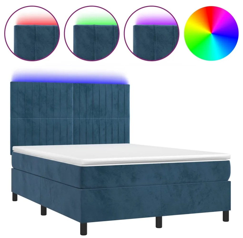 vidaXL Κρεβάτι Boxspring με Στρώμα & LED Σκ. Μπλε 140x200εκ. Βελούδινο