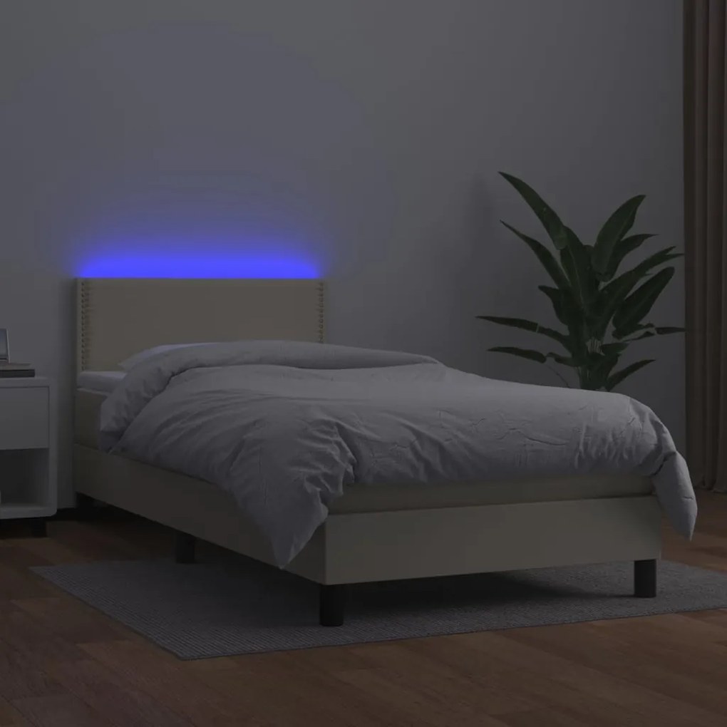 Κρεβάτι Boxspring με Στρώμα &amp; LED Κρεμ 100x200 εκ. Συνθ. Δέρμα - Κρεμ