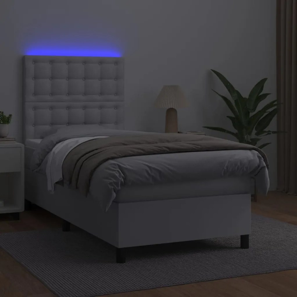 Κρεβάτι Boxspring με Στρώμα &amp; LED Λευκό 90x190 εκ. Συνθ. Δέρμα - Λευκό