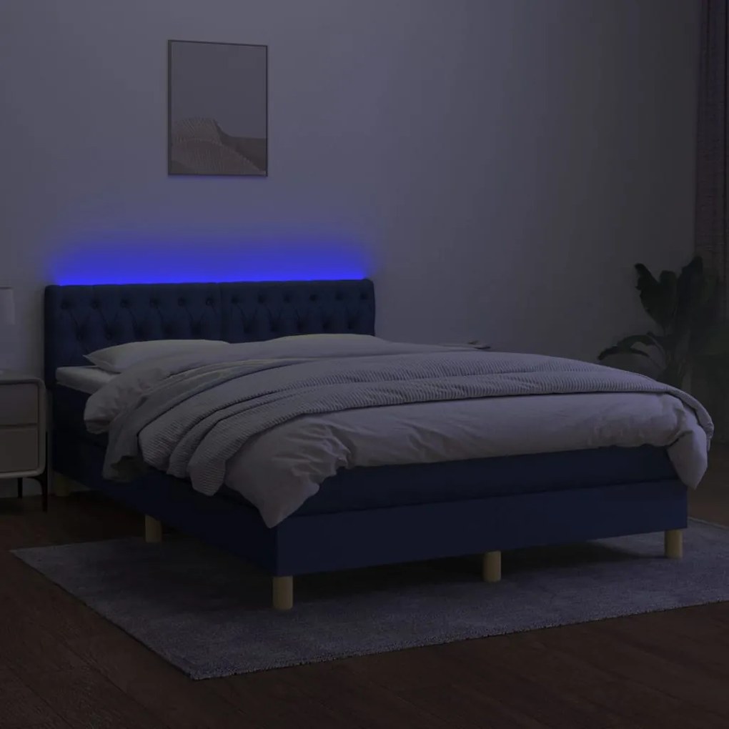 vidaXL Κρεβάτι Boxspring με Στρώμα & LED Μπλε 140x190 εκ. Υφασμάτινο