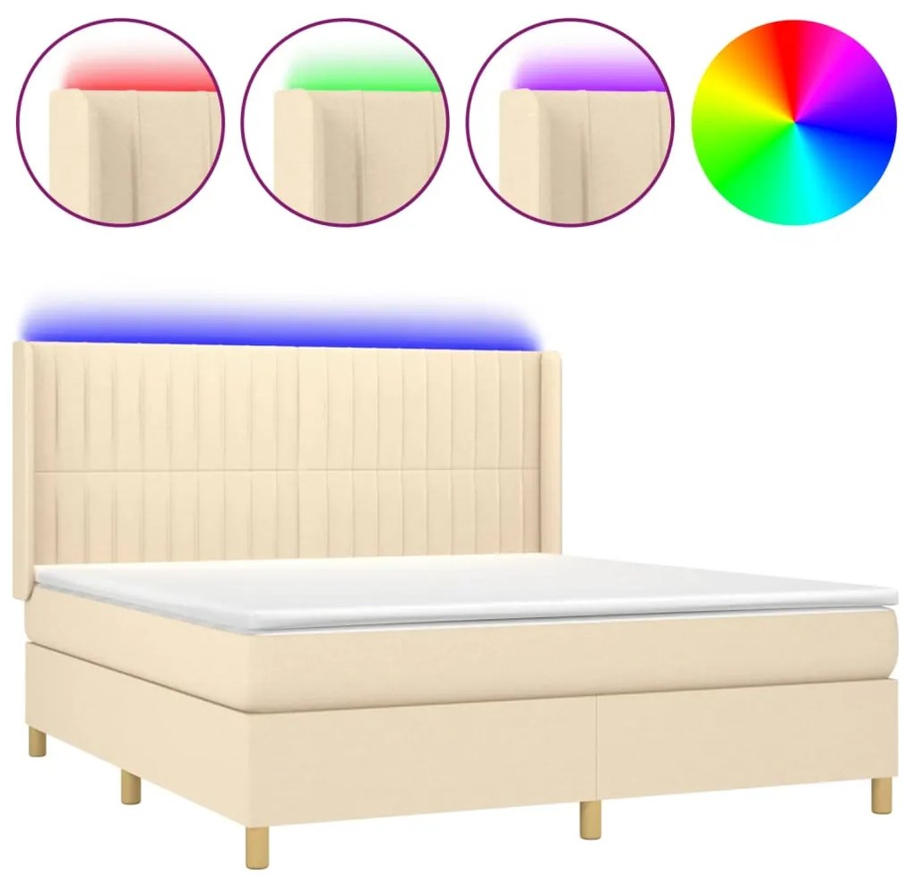 vidaXL Κρεβάτι Boxspring με Στρώμα &amp; LED Κρεμ 180x200 εκ. Υφασμάτινο