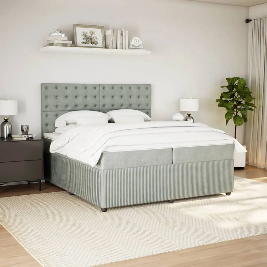 vidaXL Κρεβάτι Boxspring με Στρώμα Ανοιχτό Γκρι 200x200 εκ. Βελούδινο