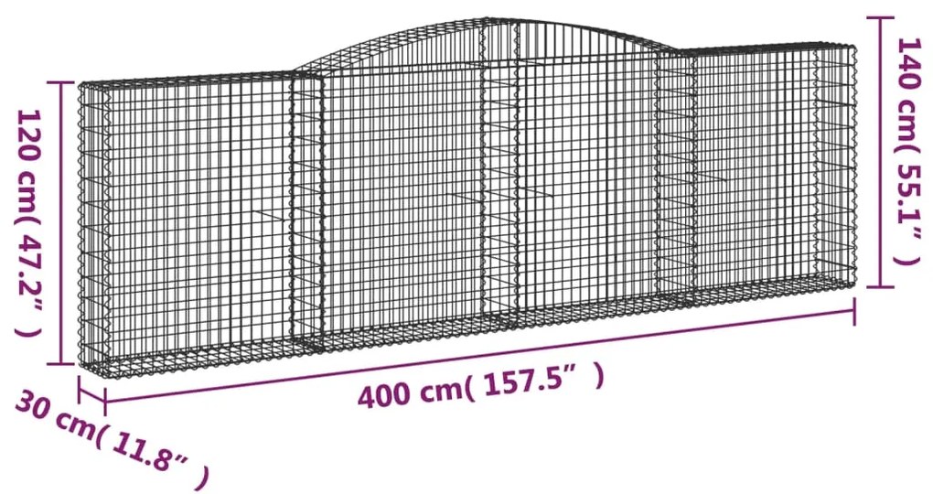 Συρματοκιβώτια Τοξωτά 4 τεμ. 400x30x120/140 εκ. Γαλβαν. Ατσάλι - Ασήμι