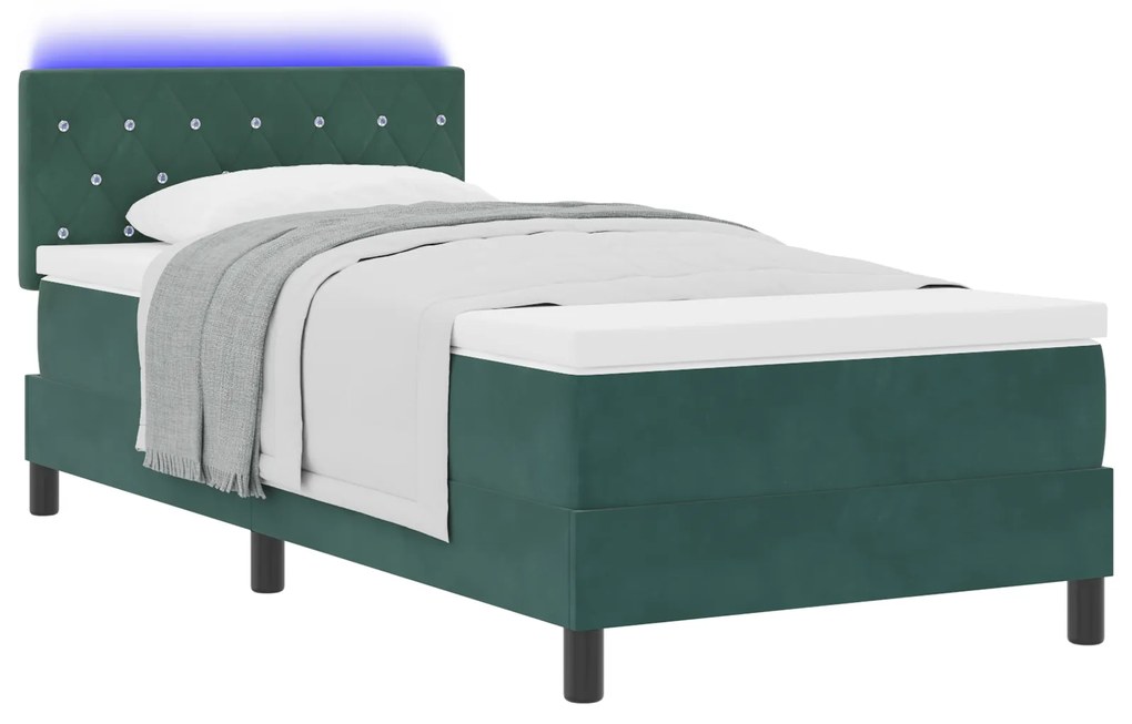 vidaXL κρεβάτι box spring με μαξιλάρι και LED σκούρο πράσινο 90x190 εκ. βελούδο