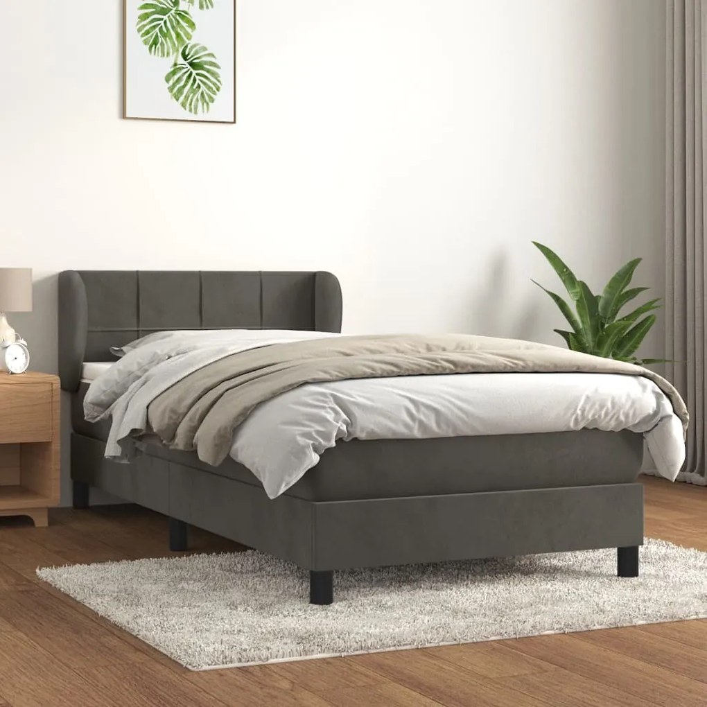 vidaXL Κρεβάτι Boxspring με Στρώμα Σκούρο Γκρι 90x200 εκ. Βελούδινο