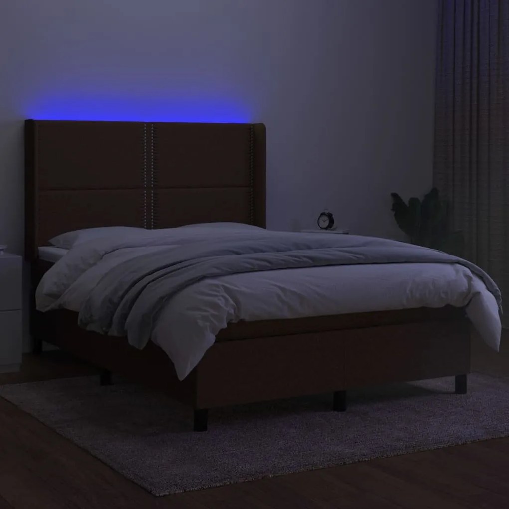 Κρεβάτι Boxspring με Στρώμα &amp; LED Σκ.Καφέ 140x190εκ. Υφασμάτινο - Καφέ